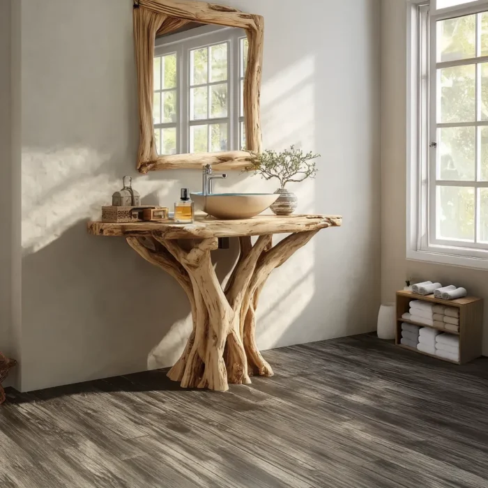 Modern Rustic Natural Edge Corner Washstand - Unique Farmhouse Bathroom Furniture Shelf